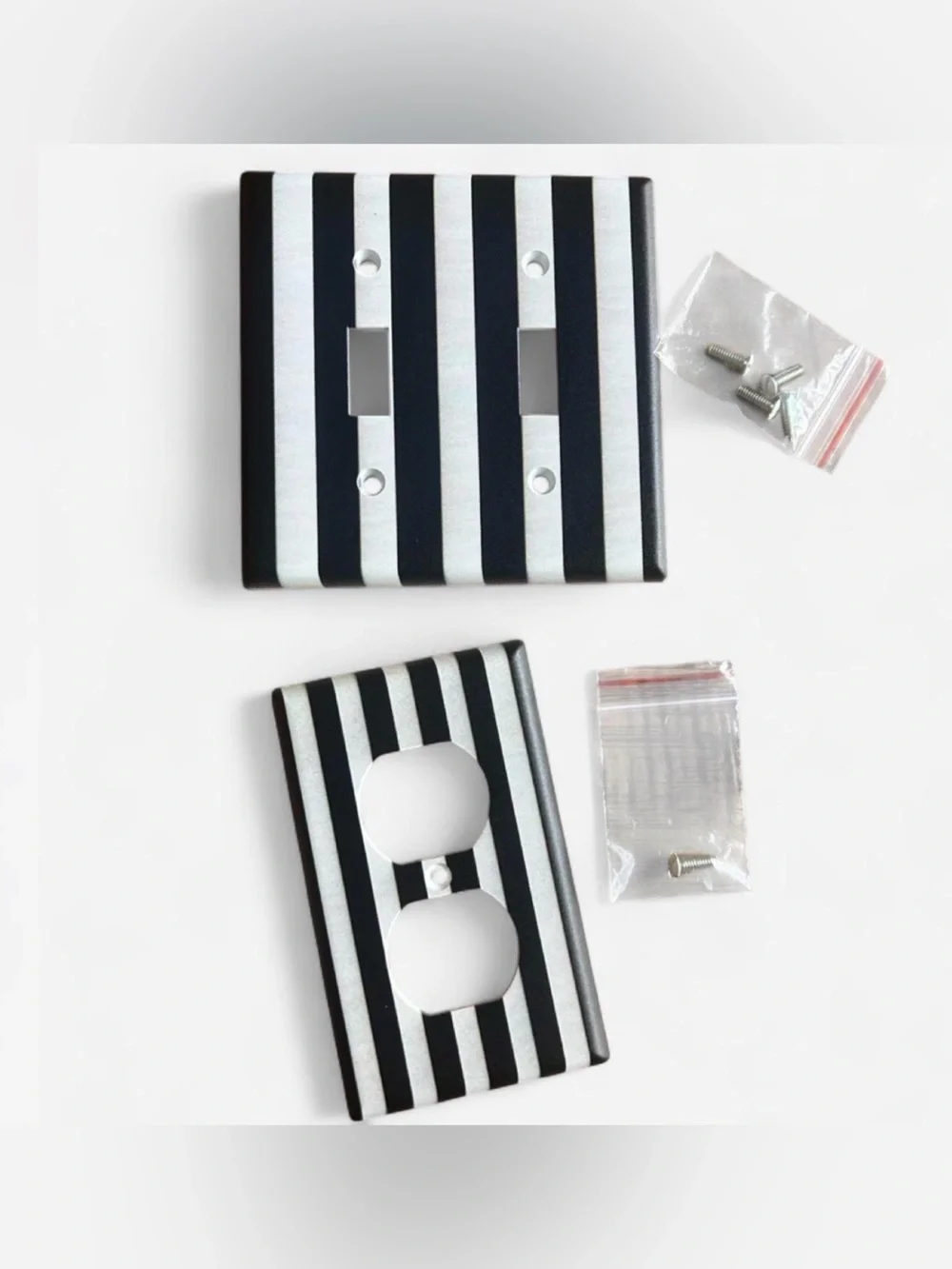 Striped Black and Silver Decorative Outlet and Switch Plate Covers